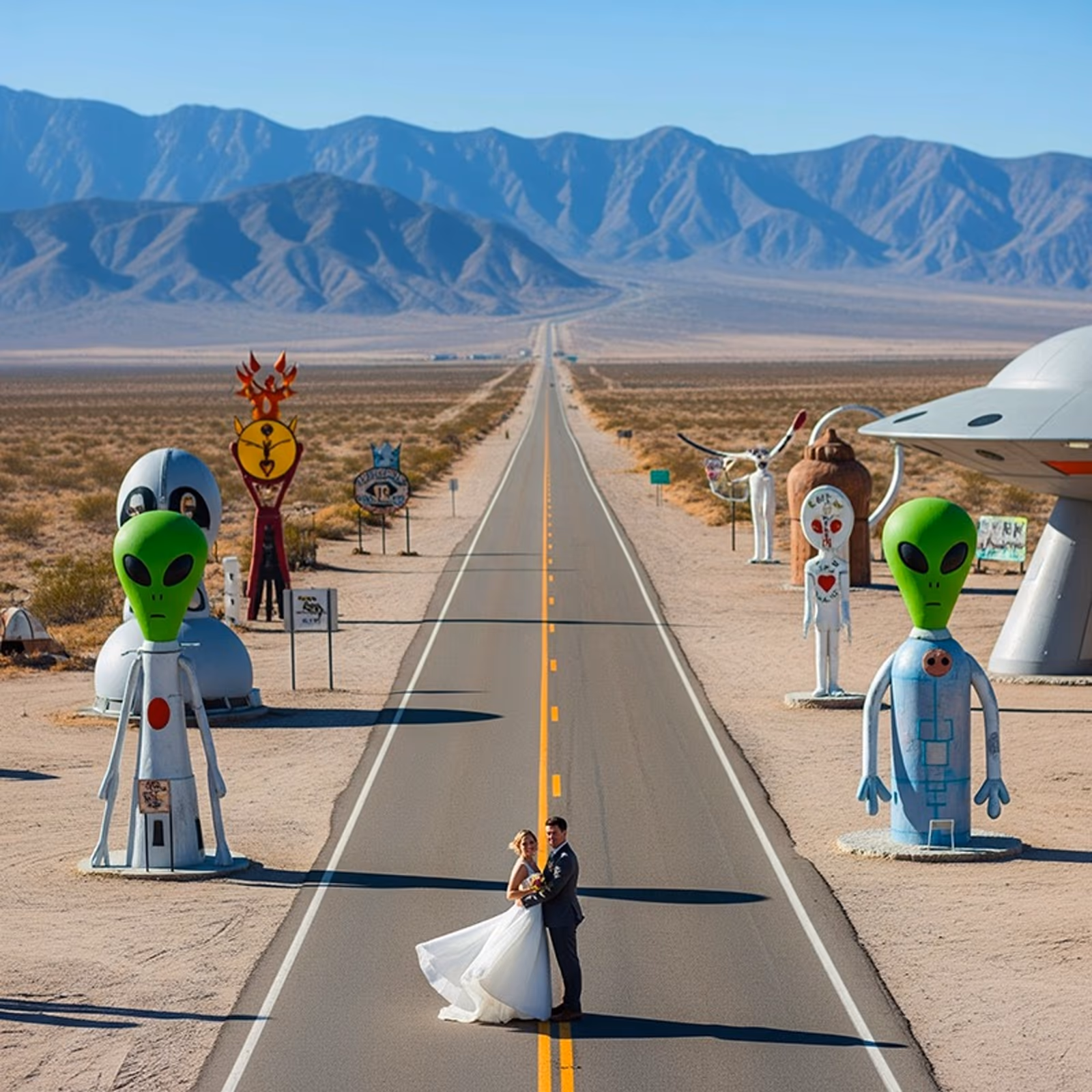 Area 51 wedding desert ceremony Rachel Nevada UFO themed wedding