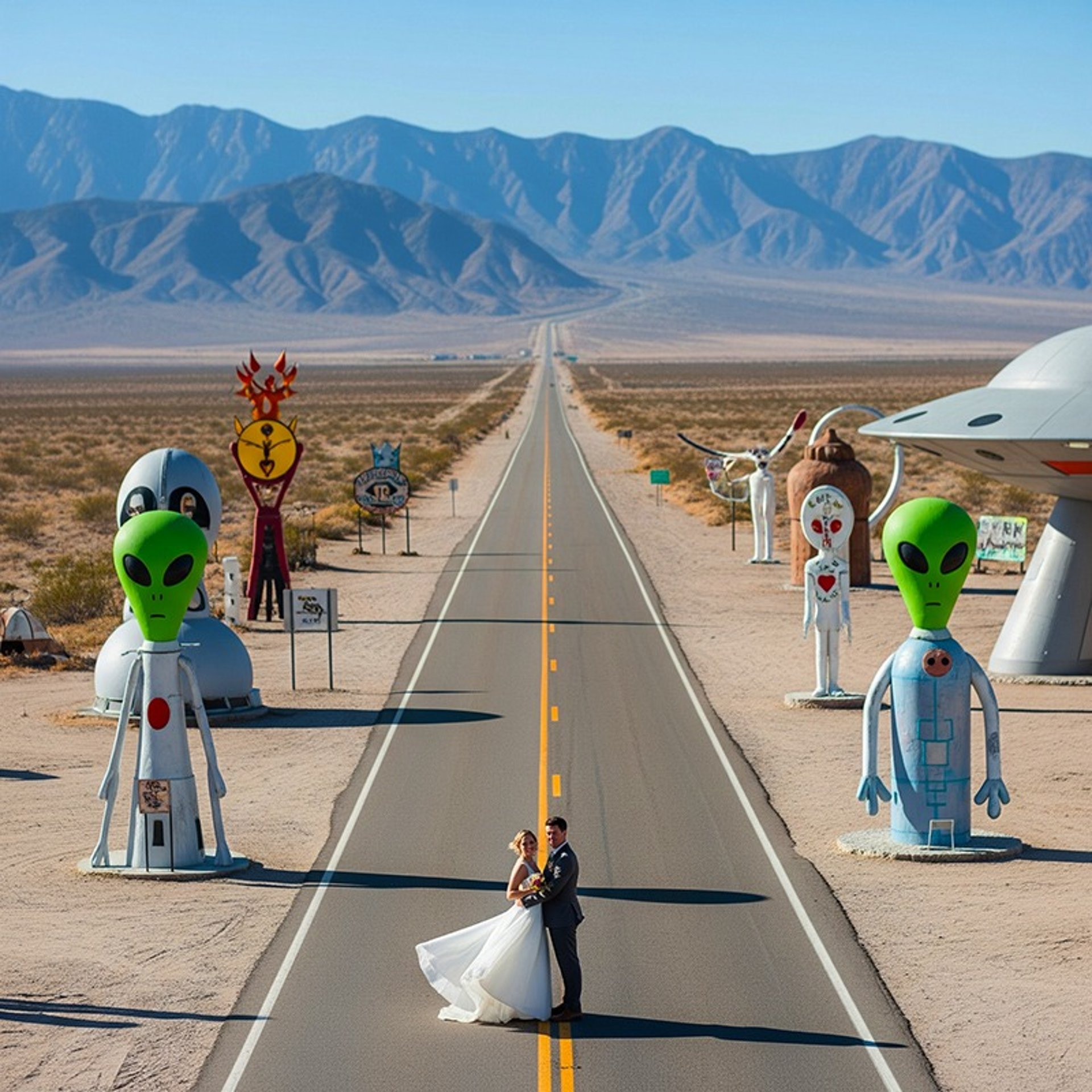 Area 51 wedding desert ceremony Rachel Nevada UFO themed wedding