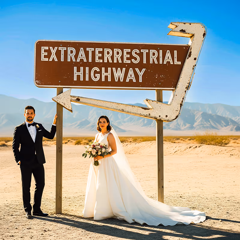 Bride and groom exchanging vows on the Extraterrestrial Highway near Area 51 Nevada