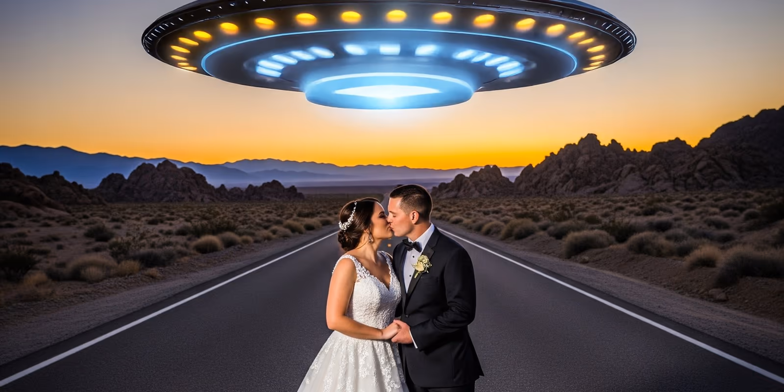 Wedding couple at Little A'Le'Inn on Extraterrestrial Highway Rachel Nevada Area 51 desert wedding