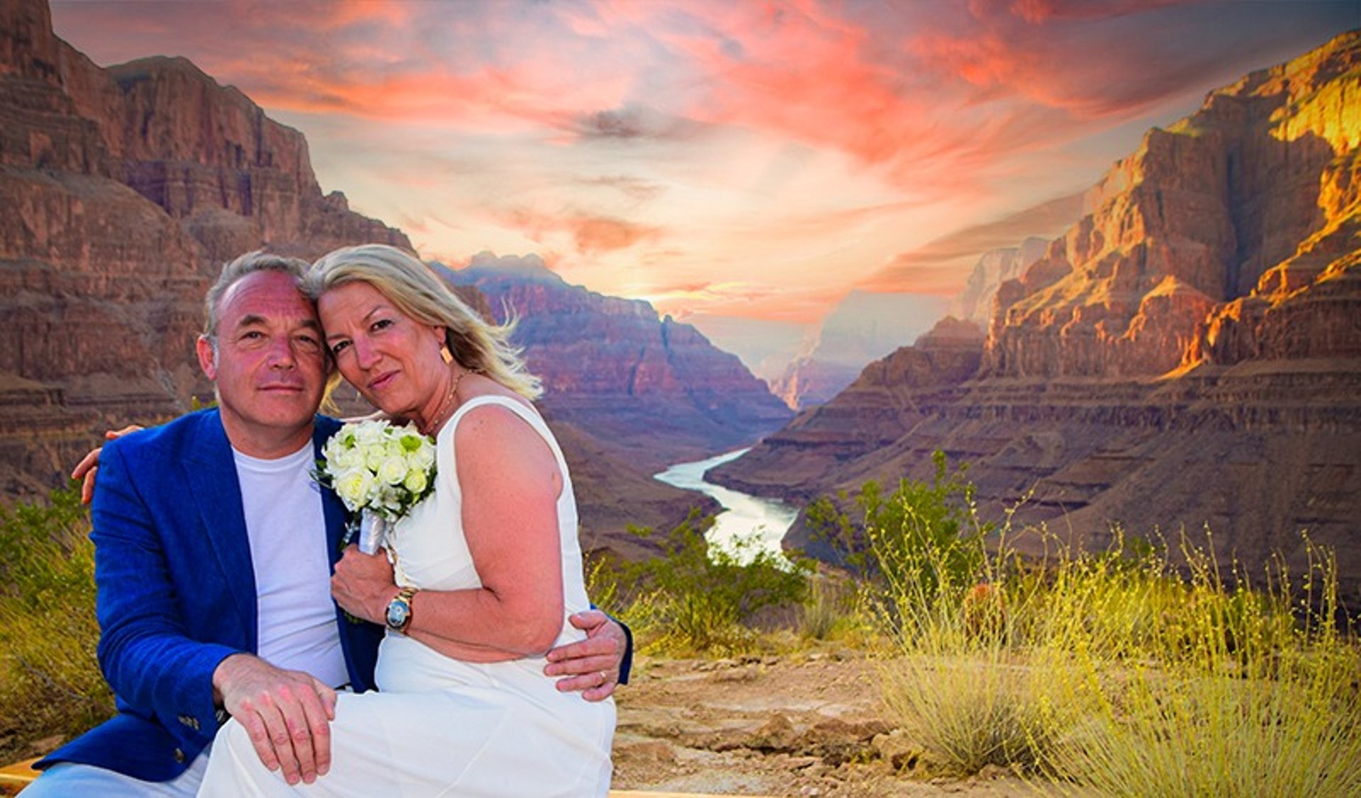Couple at sunset bench Grand Canyon helicopter wedding Nevada