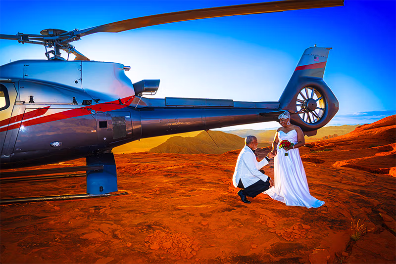 Helicopter wedding couple at Valley of Fire red rock plateau Nevada ceremony