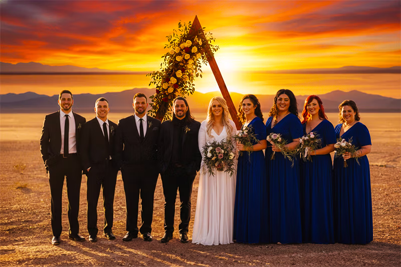 Bride and groom at Eldorado Dry Lakebed golden hour Nevada wedding