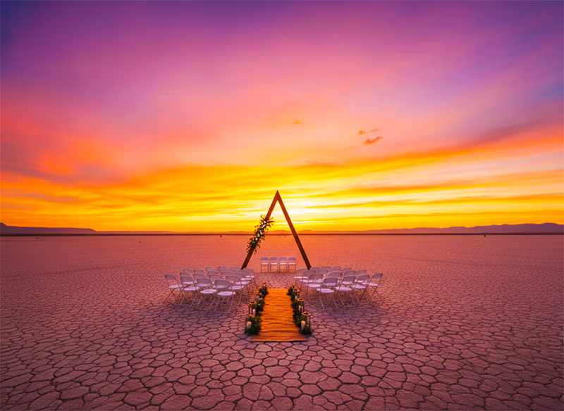 Wedding ceremony setup white chairs and arch at Eldorado Dry Lakebed Nevada