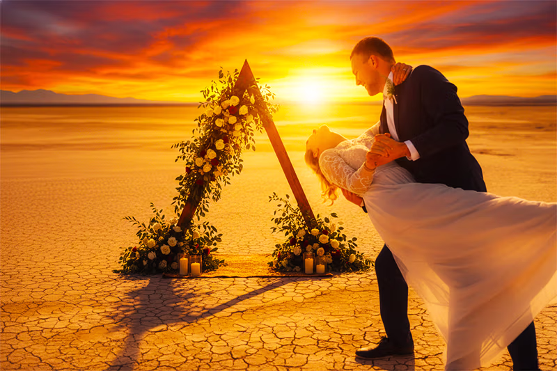 Bride and groom portrait at Eldorado Dry Lakebed Las Vegas outdoor wedding
