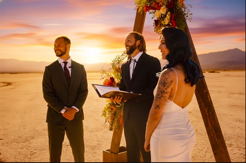 Couple exchanging vows under styled arch at Eldorado Dry Lakebed Las Vegas wedding