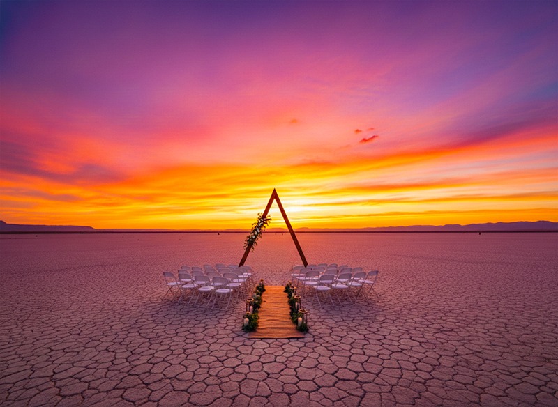 White folding chairs ceremony setup with triangle arch at dry lakebed Nevada