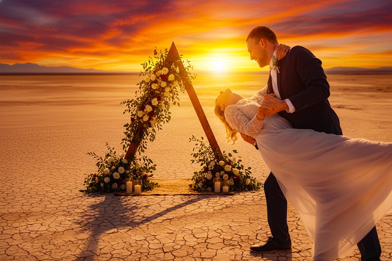 Bride and groom dancing at golden sunset Eldorado Dry Lakebed Las Vegas elopement