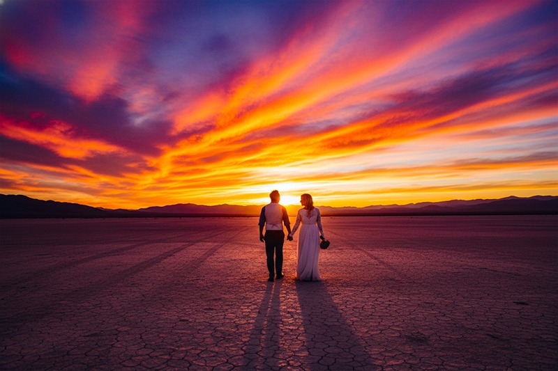 Newlywed couple holding hands at Eldorado Dry Lakebed desert wedding Nevada