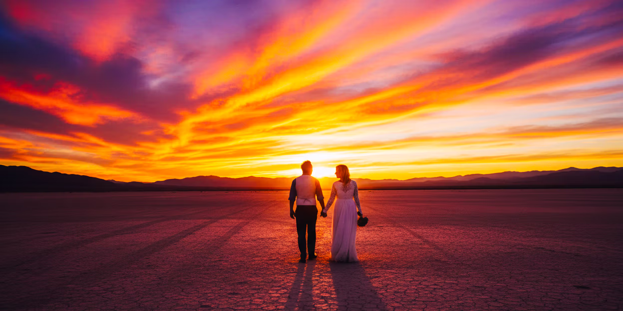 Bride and groom embracing at golden sunset at Eldorado Dry Lakebed Boulder City Nevada, pampas grass ceremony arch