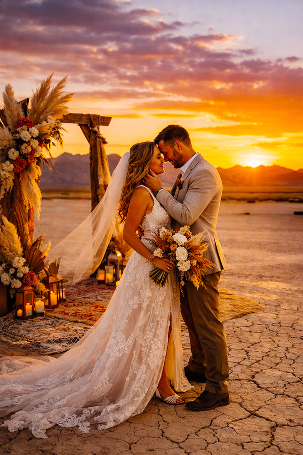 Bride and groom at sunset at Eldorado Dry Lakebed Boulder City Nevada, pampas grass arch