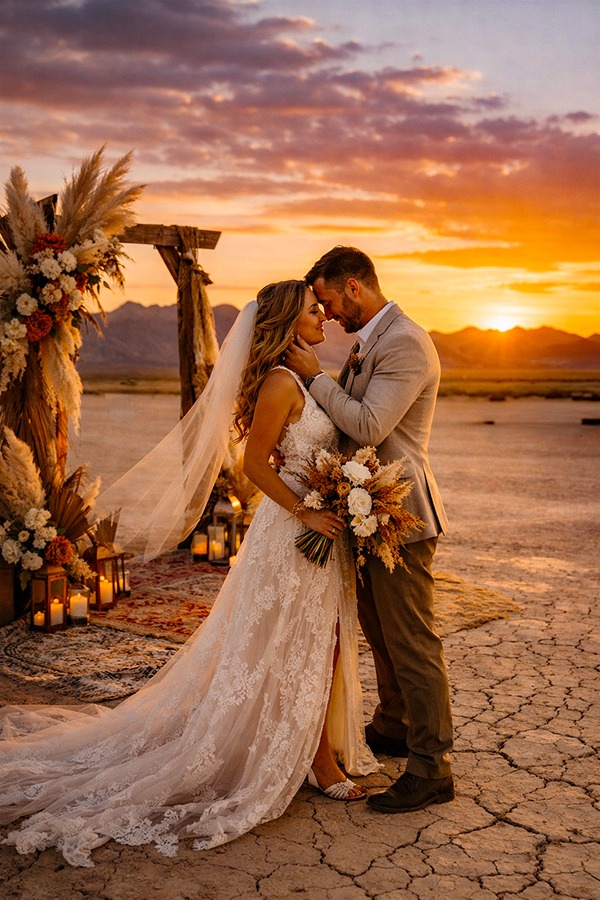 Bride and groom at sunset at Eldorado Dry Lakebed Boulder City Nevada, pampas grass arch