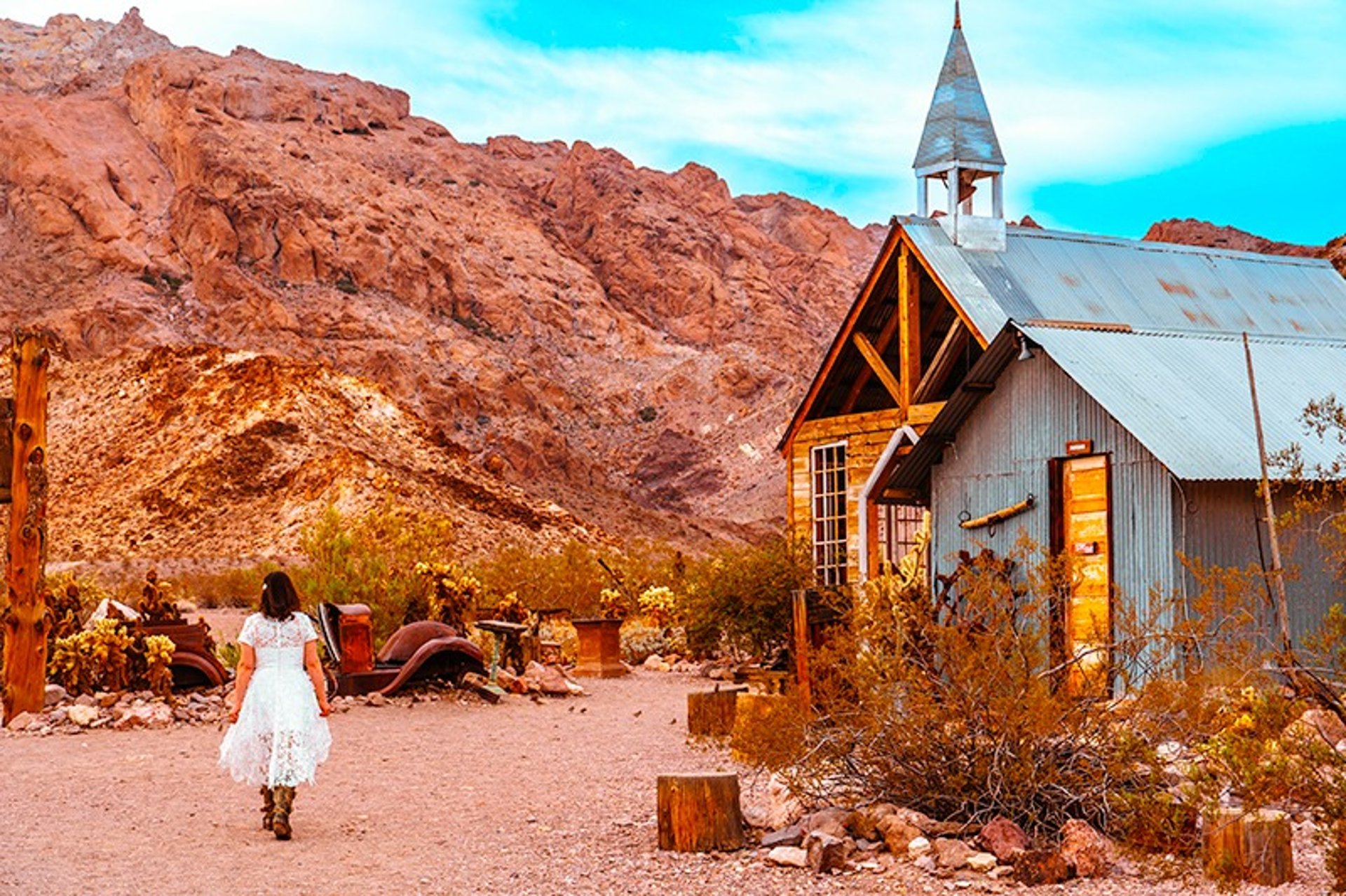 Bride walking to chapel at Nelson Ghost Town Las Vegas wedding