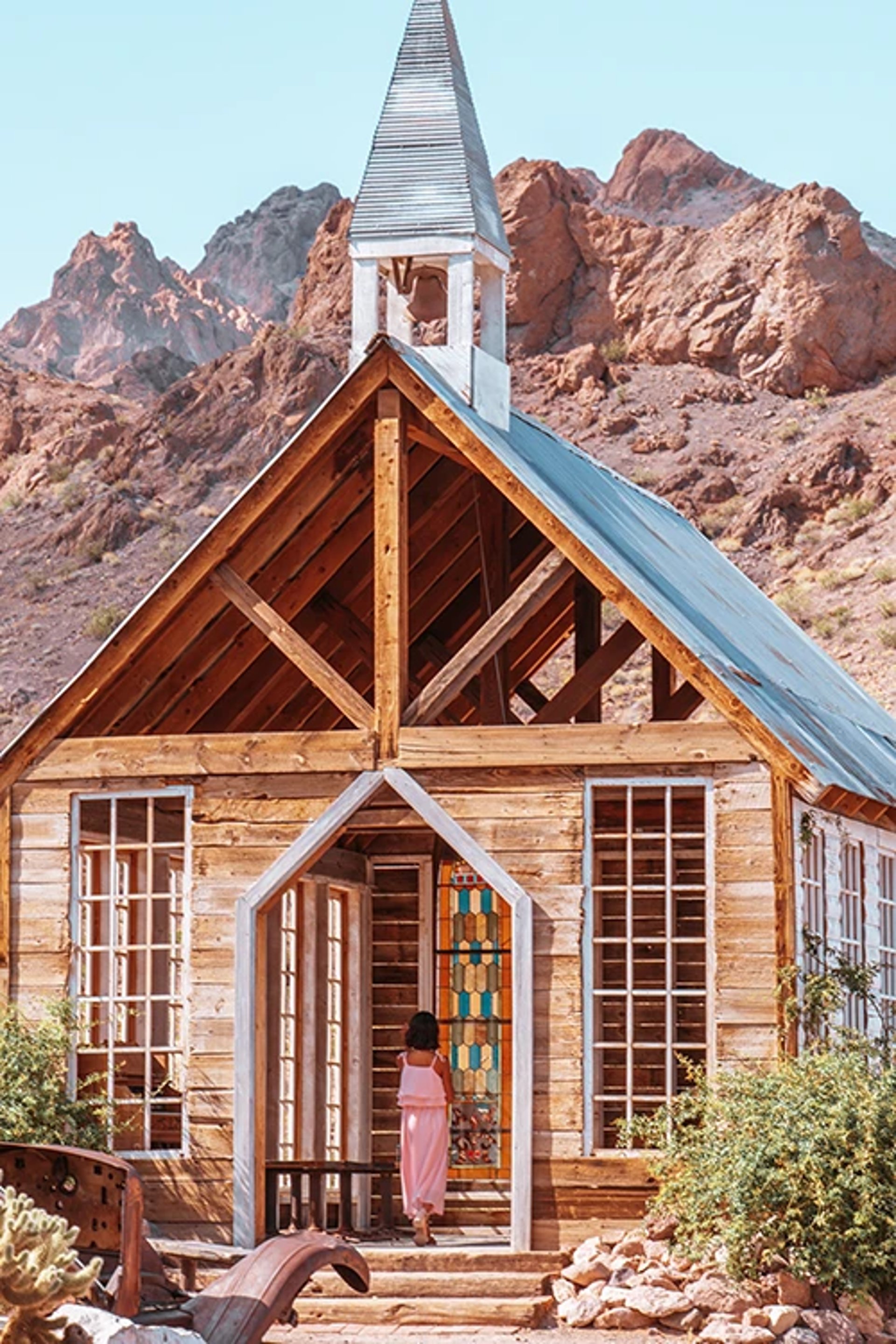 Rustic wedding chapel at Nelson Ghost Town Nevada, bride and groom ceremony