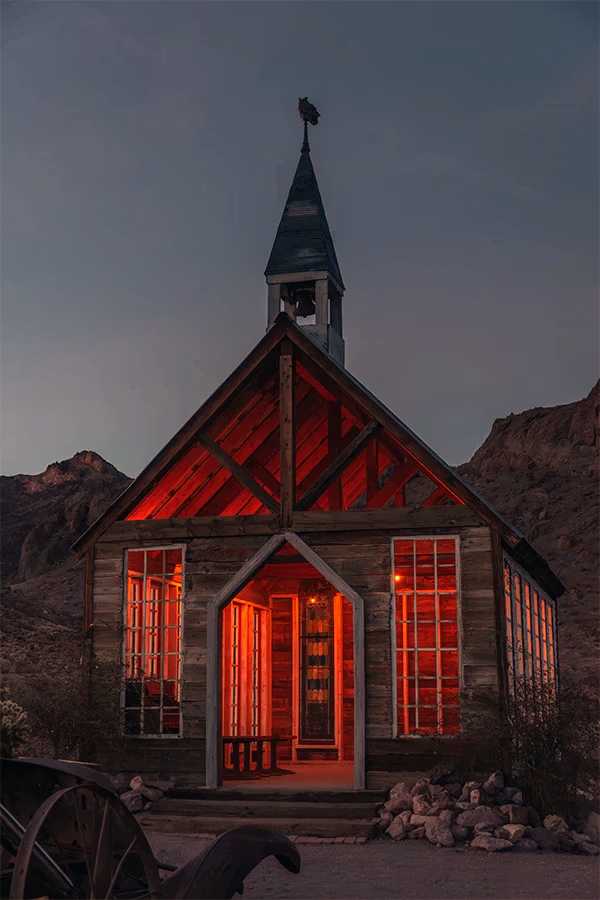 Historic chapel with string lights at Nelson Ghost Town Nevada