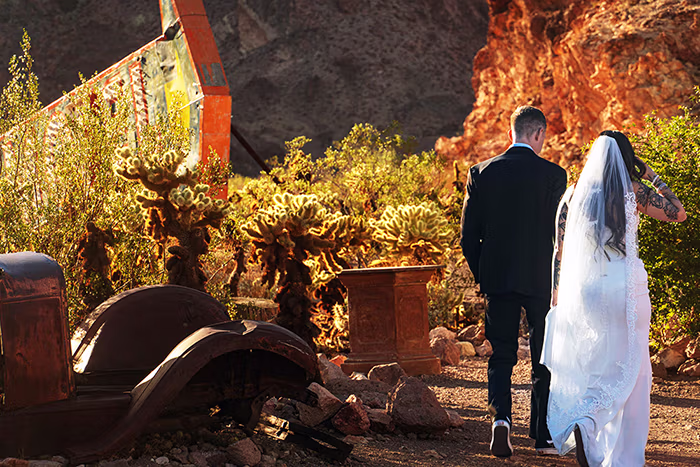 Couple walking through Nelson Ghost Town Nevada