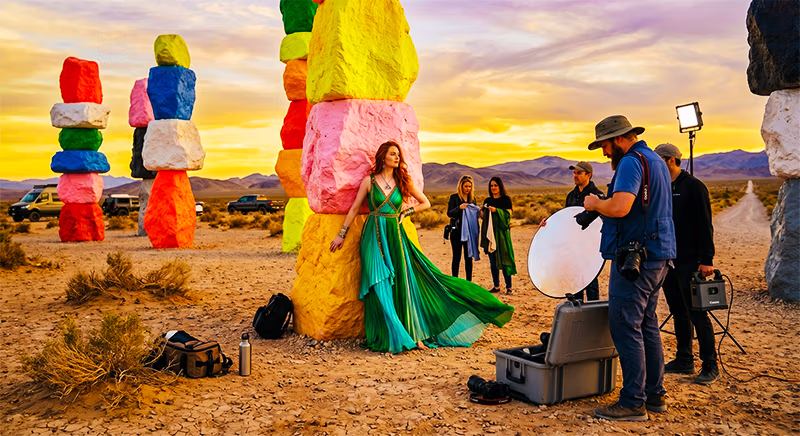Photo shoot at Seven Magic Mountains colorful boulder art installation Nevada