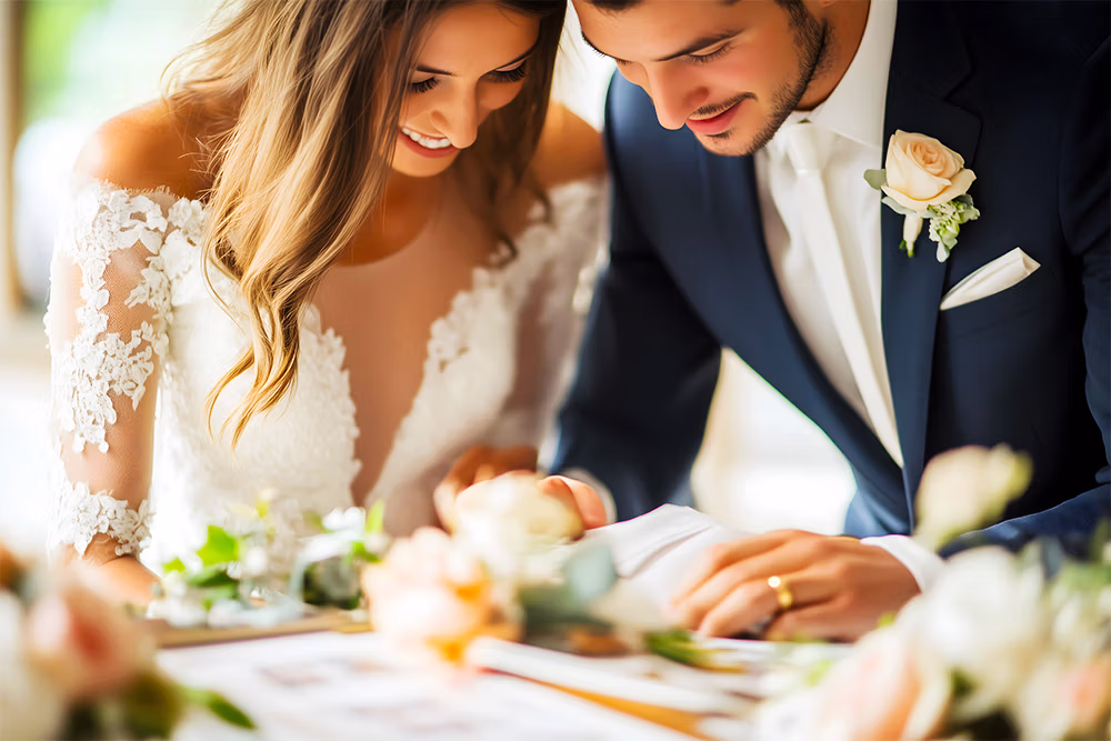 Couple getting married in Las Vegas hotel room Sign & Go wedding ceremony