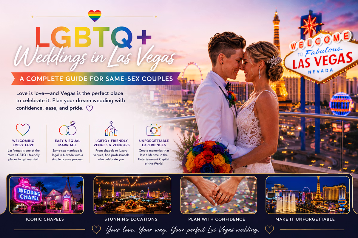 Same-sex couple at a Las Vegas desert wedding ceremony — LVWC.com LGBTQ+ wedding guide