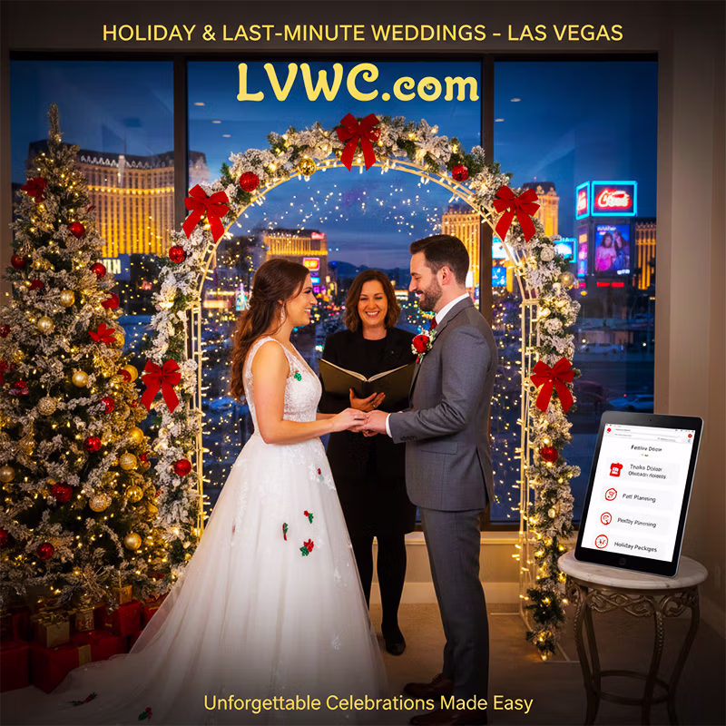 Couple at desert wedding ceremony at golden hour — best time of year Las Vegas
