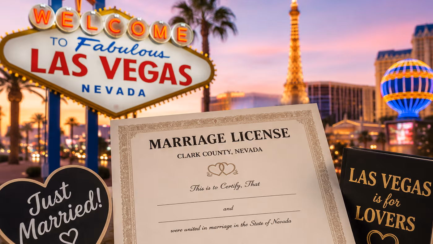 Clark County, Nevada marriage license in front of the Welcome to Fabulous Las Vegas sign and the Strip at dusk — LVWC.com