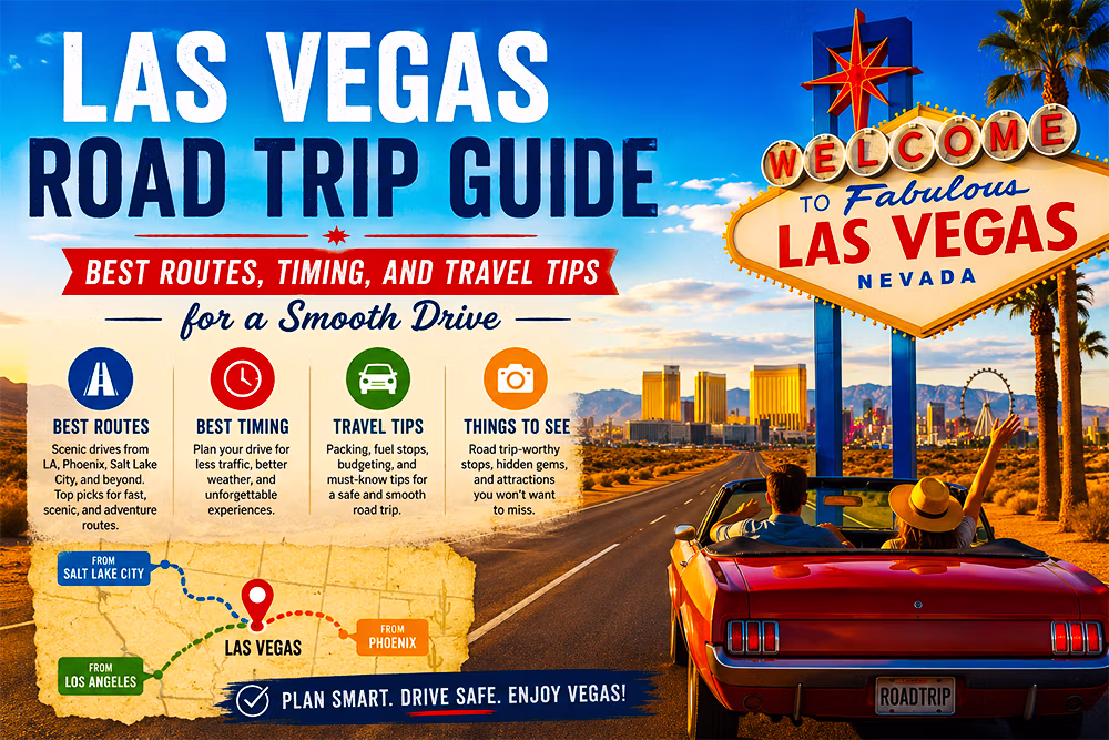 Open desert highway leading to Las Vegas — road trip guide by LVWC.com