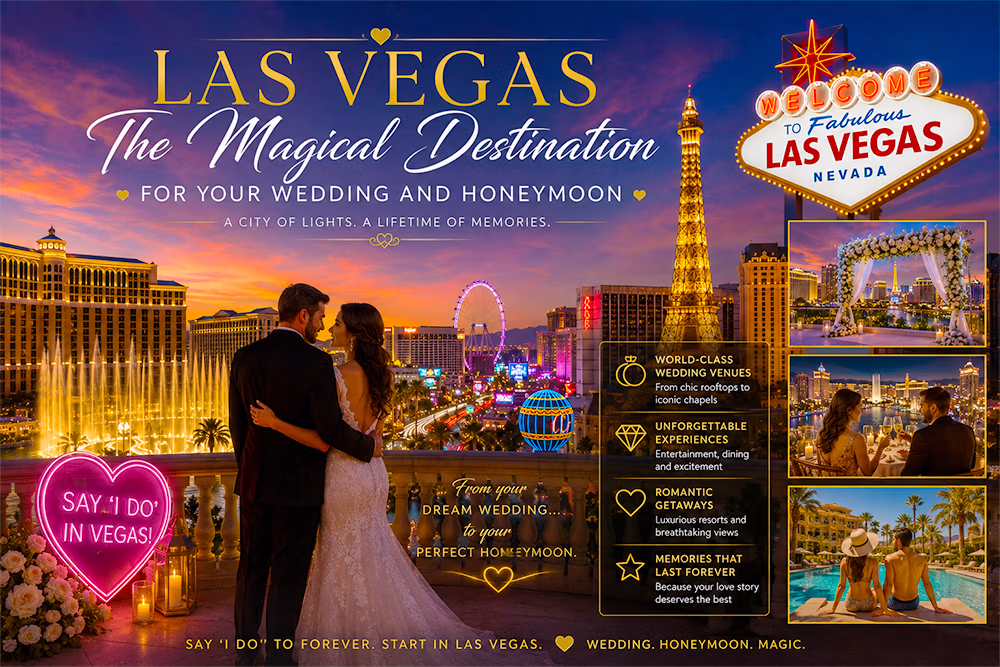 Las Vegas desert wedding ceremony at golden hour — magical destination for weddings and honeymoons by LVWC.com