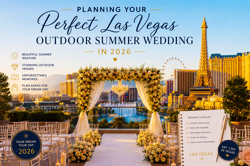 Couple at outdoor Las Vegas summer wedding ceremony in the desert at golden hour — LVWC.com