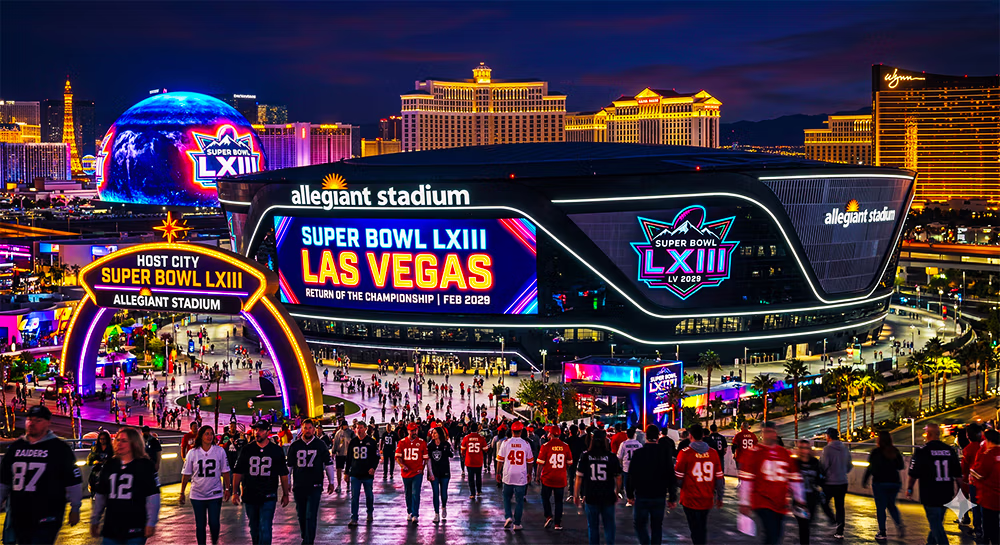 Las Vegas skyline and Allegiant Stadium — Super Bowl LXIII 2029 host city